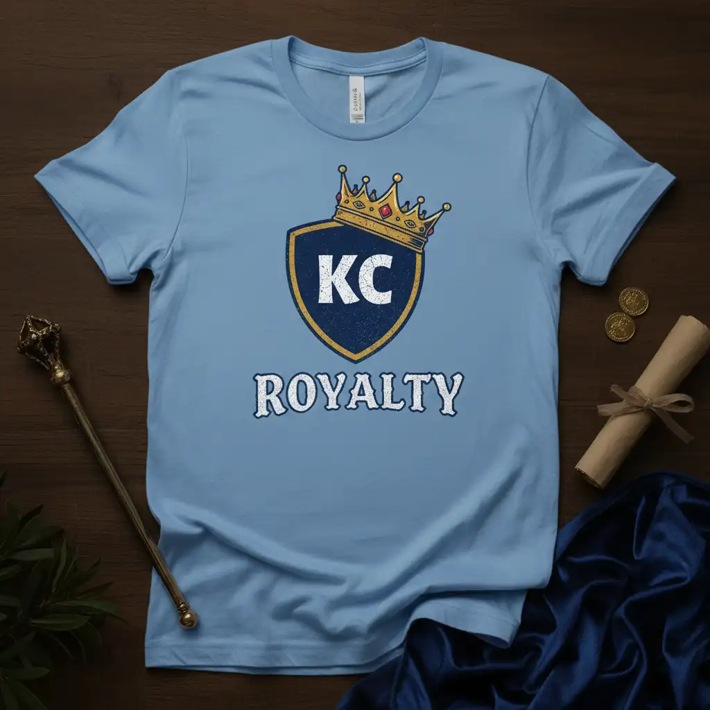 KC Royalty t-shirt design featuring a shield with KC and a golden crown, perfect for Kansas City pride apparel