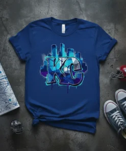 KC Skyline Graffiti T-Shirt design with blue and purple geometric shapes and dripping paint effect, featuring bold 'KC' letters