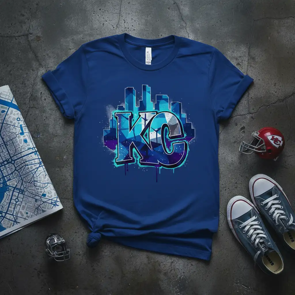 KC Skyline Graffiti T-Shirt design featuring bold 'KC' letters against a geometric cityscape and dripping paint effect