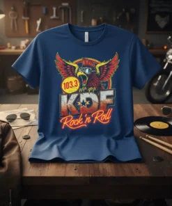 KDF Rock 'n' Roll graphic tee featuring a retro eagle with 103.3 on a yellow circle and "Rock 'n' Roll"