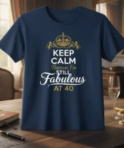 Keep Calm Because I'm Still Fabulous AT 40 quote t-shirt with a gold crown graphic
