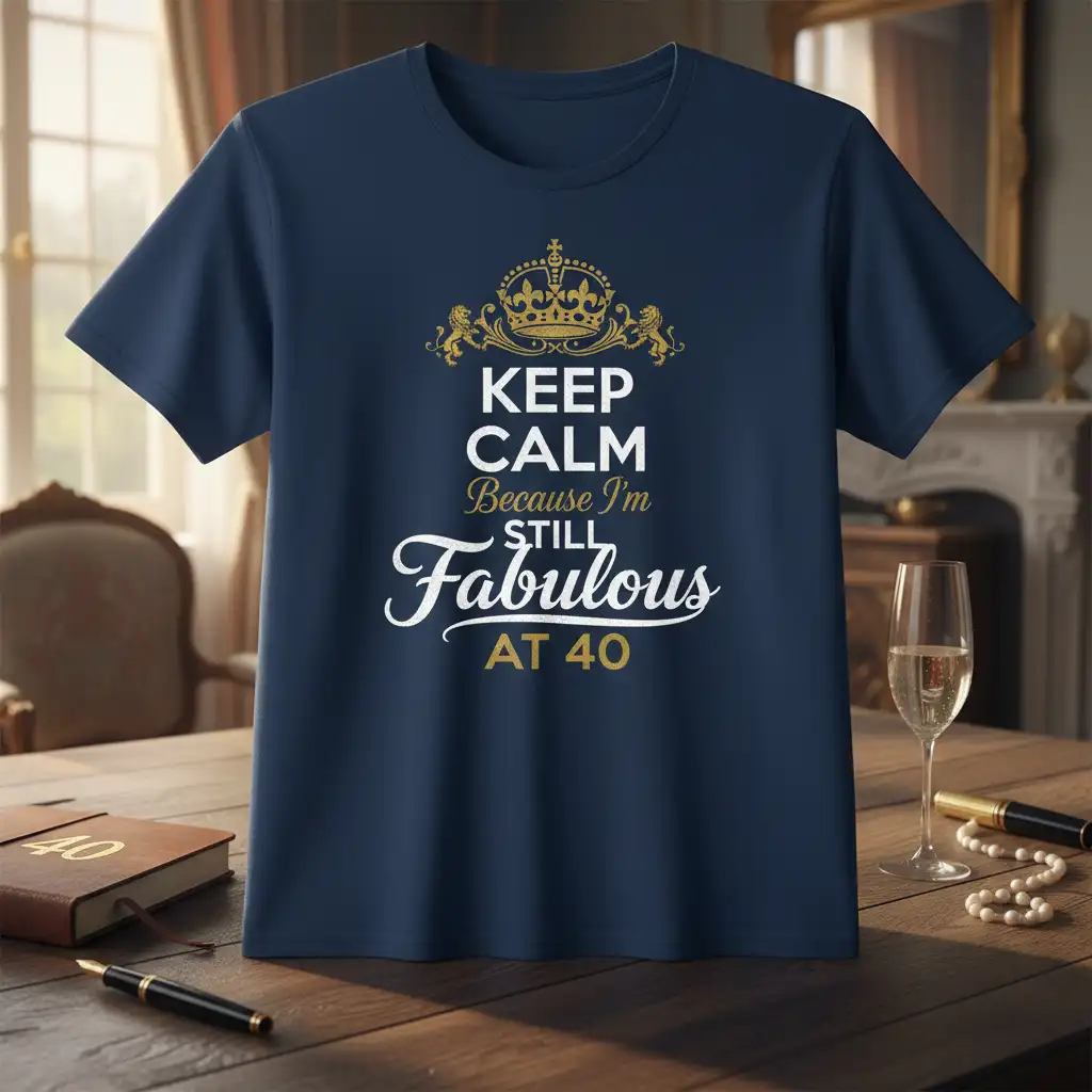 KEEP CALM Because I'm STILL Fabulous AT 40 quote with gold crown graphic on a navy t-shirt