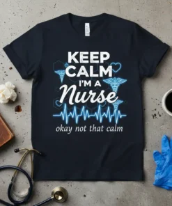 Keep Calm I'm A Nurse Okay Not That Calm text design with Caduceus symbols and heartbeat line