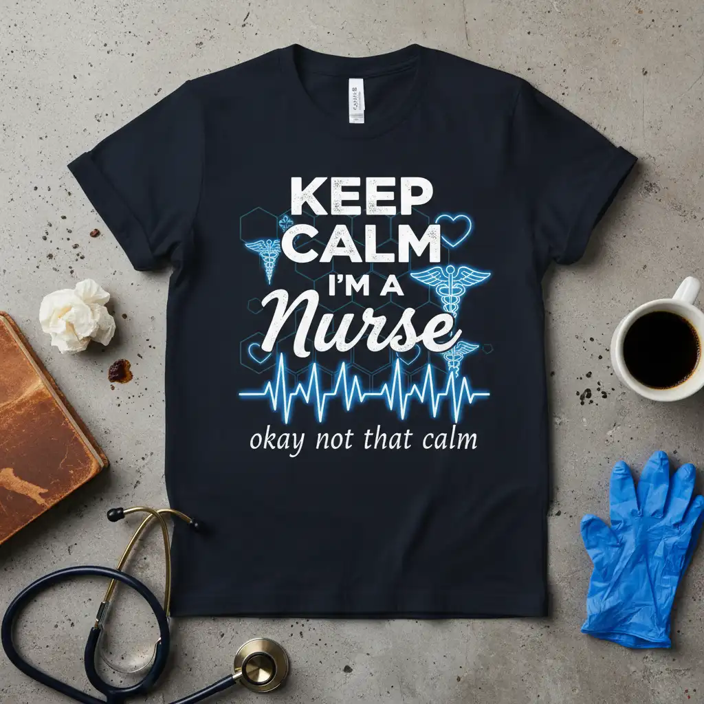 Keep Calm I'm A Nurse Okay Not That Calm quote with heartbeat and Caduceus graphics on a navy t-shirt