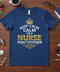 Keep Calm I'm A Nurse Practitioner quote with crown and caduceus symbol on a navy blue t-shirt