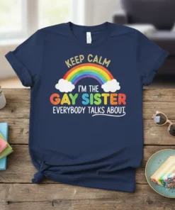 Keep Calm I'm The Gay Sister Everybody Talks About quote with rainbow and clouds graphic on a navy blue t-shirt