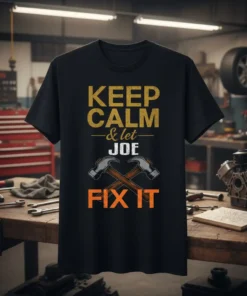 Keep Calm & Let Joe Fix It quote with crossed hammers graphic on a black t-shirt