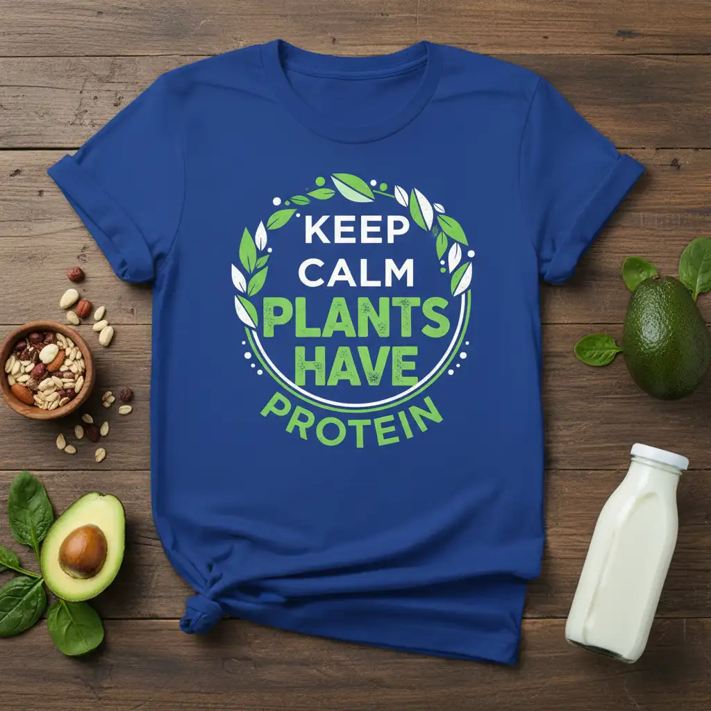 Keep Calm Plants Have Protein text design on a blue t-shirt with a decorative green leaf circle