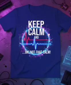 Keep Calm And ...Ok! Not That Calm! text with a digital circuit board and heartbeat graphic on a blue t-shirt