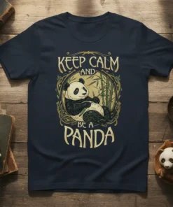 Keep Calm And Be A Panda T-Shirt design featuring a sitting panda and bamboo in a decorative frame