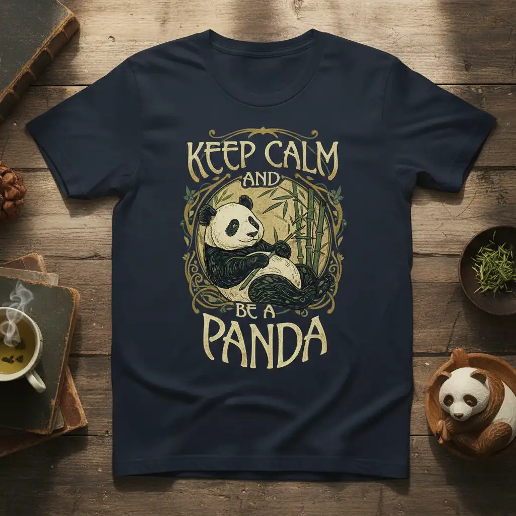 Keep Calm And Be A Panda quote with a serene panda and bamboo design on a t-shirt