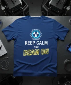 Blue t-shirt with white text "KEEP CALM AND BEAM ON" and a radiation symbol graphic