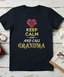 Keep Calm And Call Grandma text design with a circuit board heart graphic on a navy t-shirt