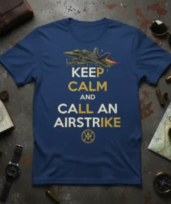 Keep Calm and Call An Airstrike text with fighter jet graphic on navy blue t-shirt