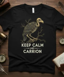 KEEP CALM AND CARRION text with a detailed vulture skeleton graphic on a black t-shirt