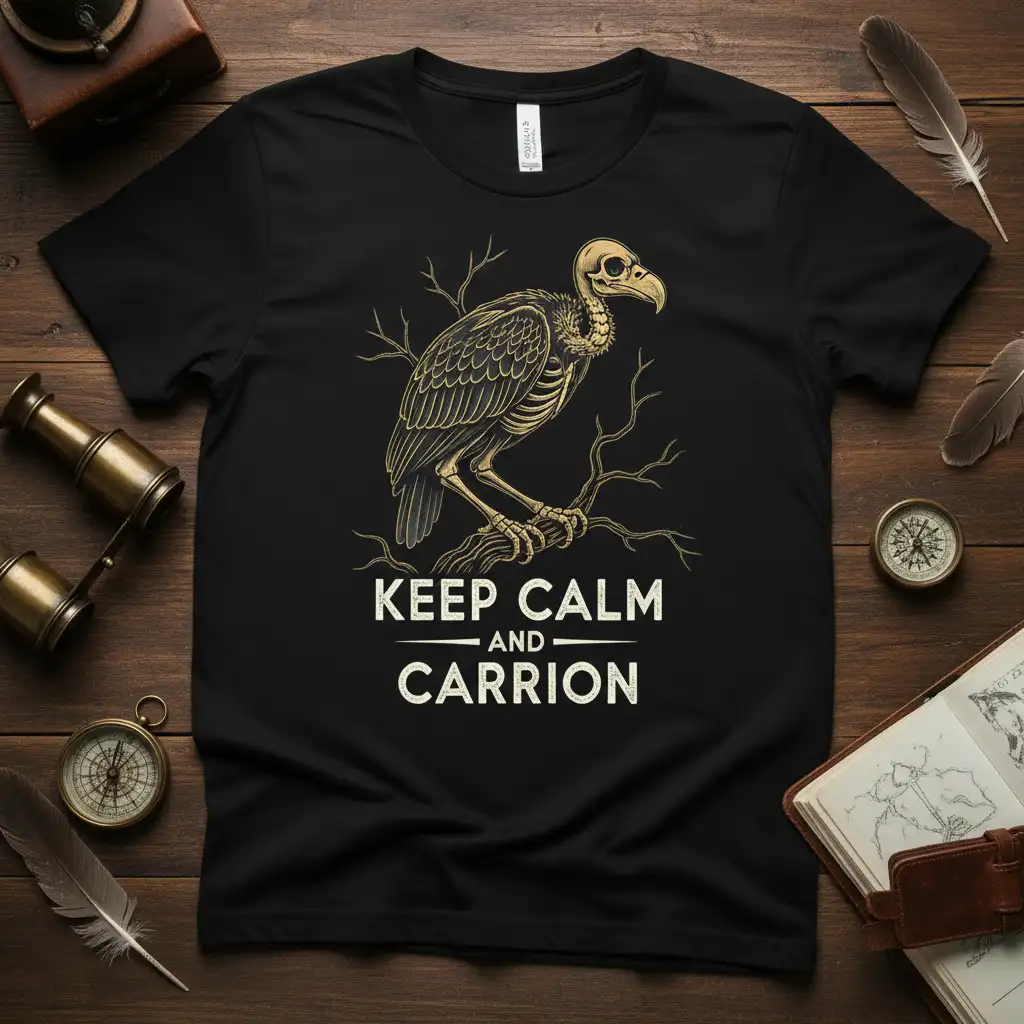 KEEP CALM AND CARRION humorous quote with vulture skeleton perched on branch design