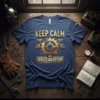 Keep Calm And Carry On t-shirt design with golden gears, pistons, and distressed text, automotive theme