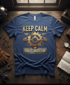 Keep Calm And Carry On t-shirt design with golden gears, pistons, and distressed text, automotive theme