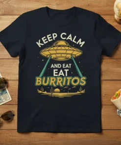 Keep Calm And Eat Burritos T-Shirt with a retro UFO abducting a burrito in a desert landscape