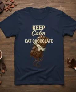 Keep Calm and Eat Chocolate t-shirt design with a graphic of a melting chocolate bar