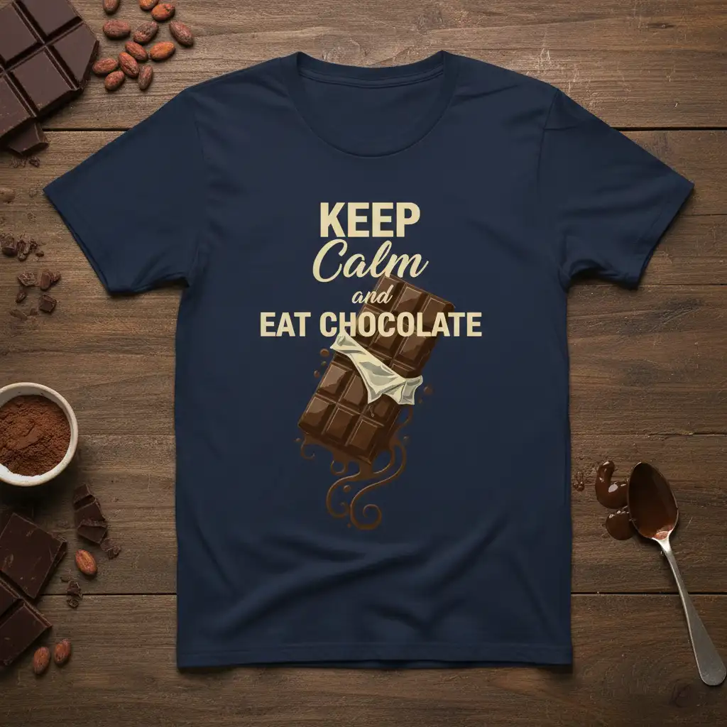 KEEP Calm and EAT CHOCOLATE quote t-shirt with a melting chocolate bar graphic
