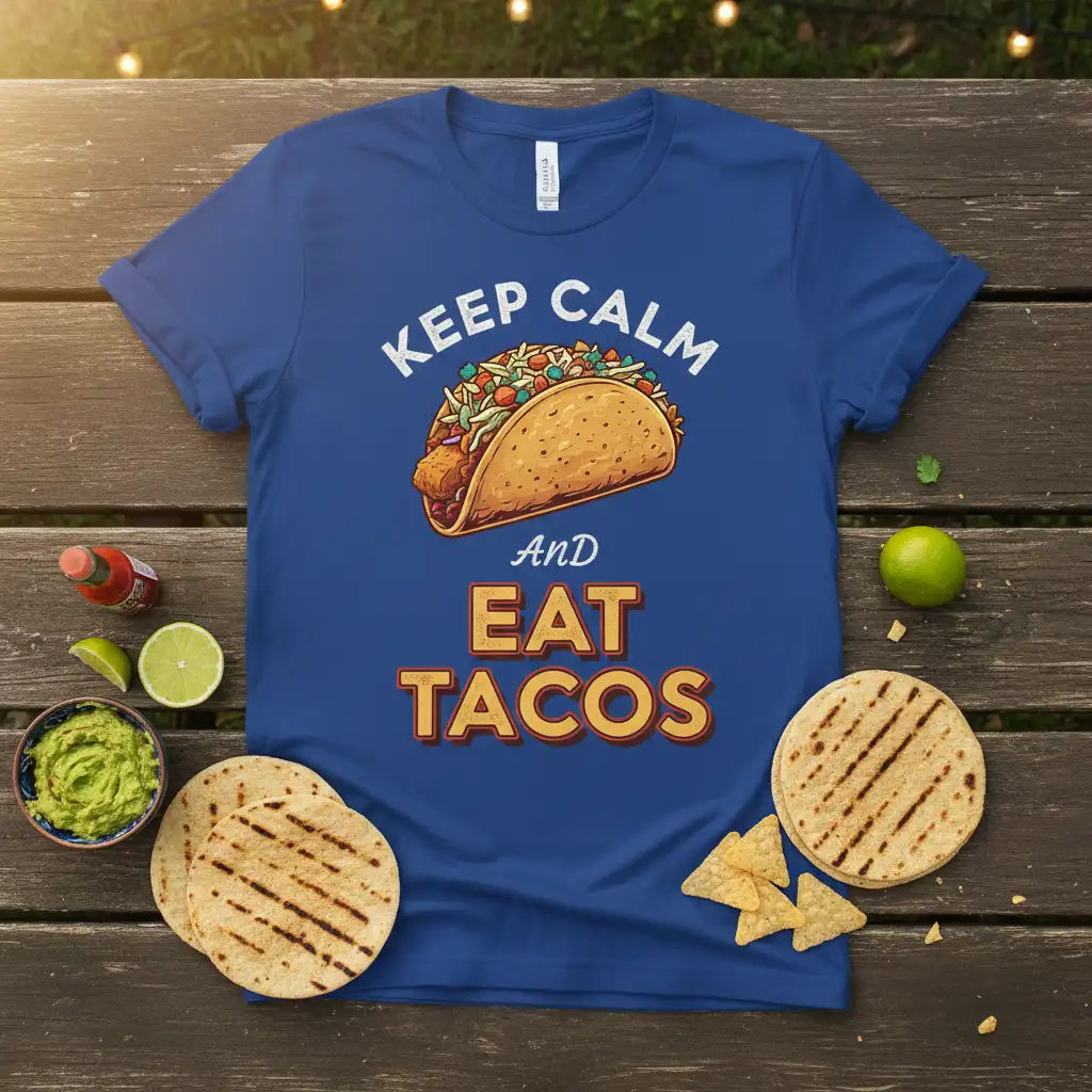 Keep Calm And Eat Tacos text graphic with a delicious taco illustration on a blue t-shirt
