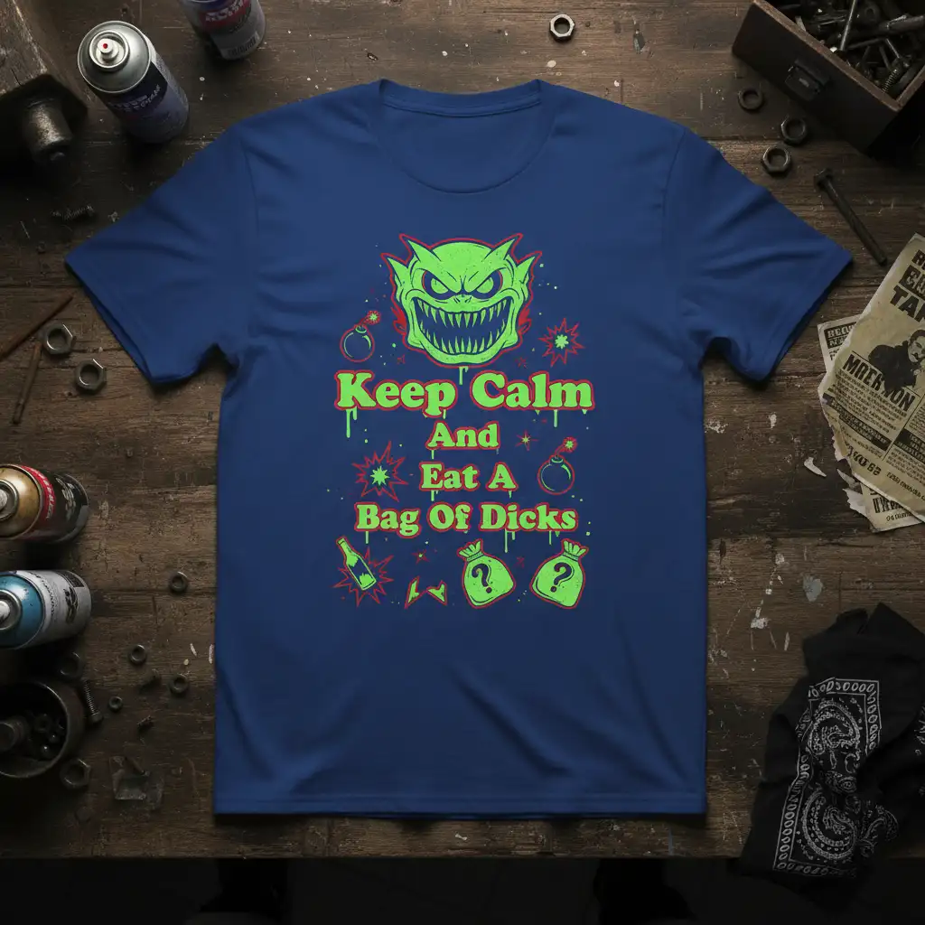 Keep Calm And Eat A Bag Of Dicks humorous quote with a green monster graphic and explosive elements