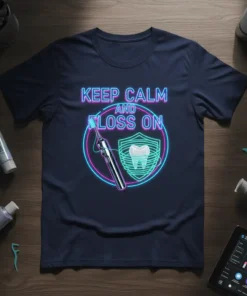 Keep Calm and Floss On t-shirt design featuring neon text, a floss dispenser, and a tooth graphic inside a shield