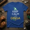 KEEP CALM And GINGA text with a stylized capoeira dancer graphic on a blue t-shirt