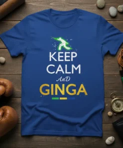 KEEP CALM And GINGA text with a stylized capoeira dancer graphic on a blue t-shirt