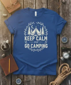 Keep Calm and Go Camping quote on a blue t-shirt, featuring a tent, trees, moon, and wreath graphic