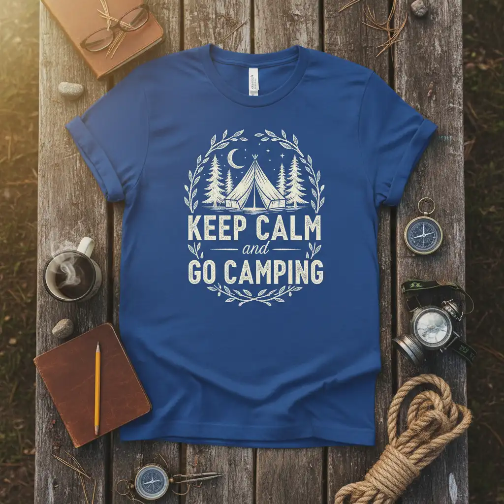 Keep Calm and Go Camping quote with tent and trees graphic on a blue t-shirt for outdoor enthusiasts