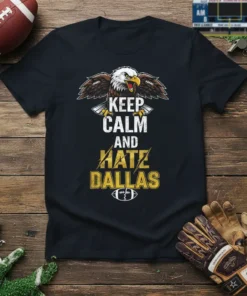 Keep Calm And Hate Dallas text design with an eagle graphic and football emblem on a black t-shirt