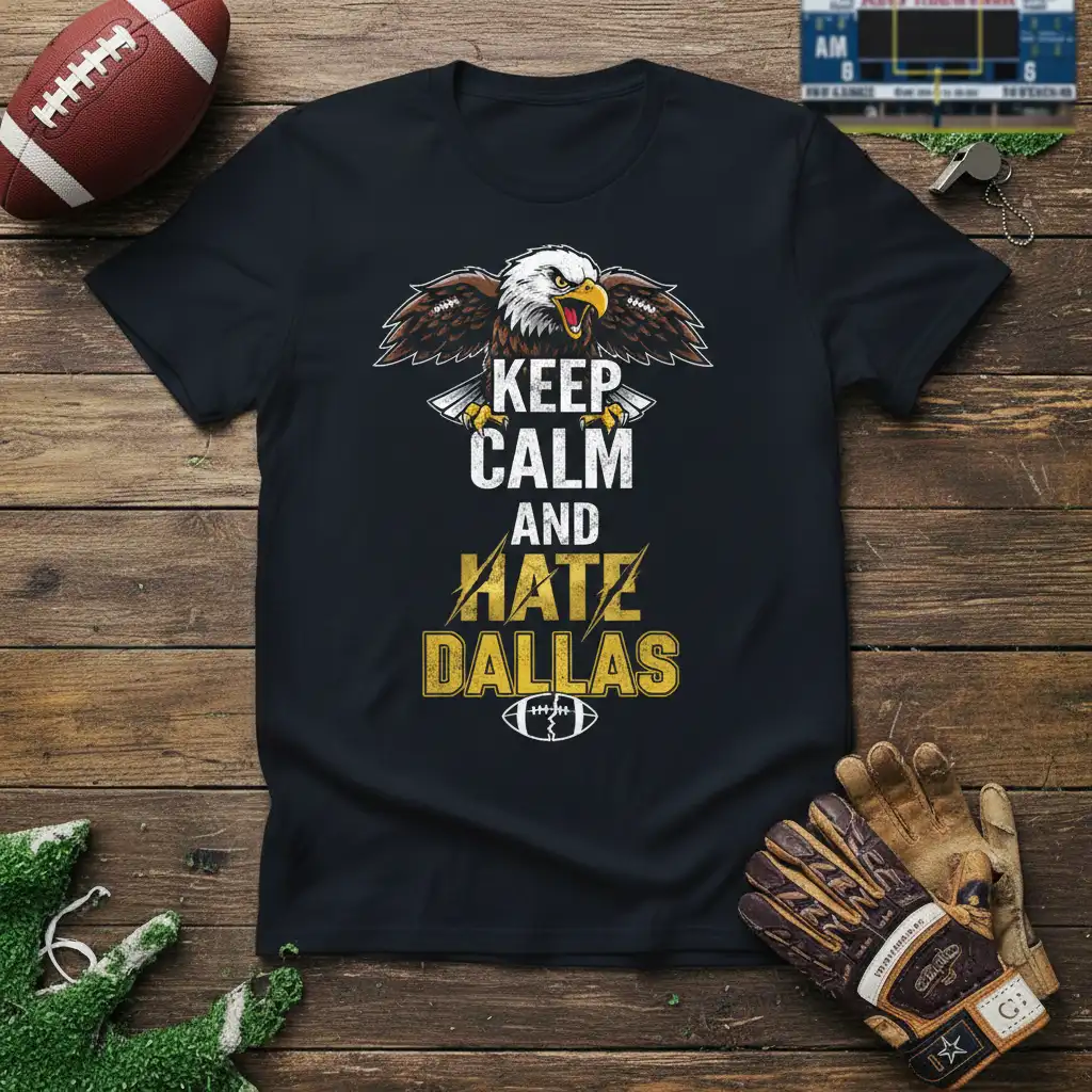 Keep Calm And Hate Dallas text and eagle graphic design on a black football fan t-shirt