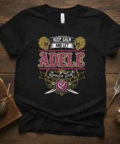 Keep Calm and Let Adele Handle That text design with lions and rose graphic on a black t-shirt