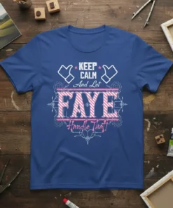 Keep Calm And Let Faye Handle That quote on a blue t-shirt, featuring stylized text and thumbs-up graphics