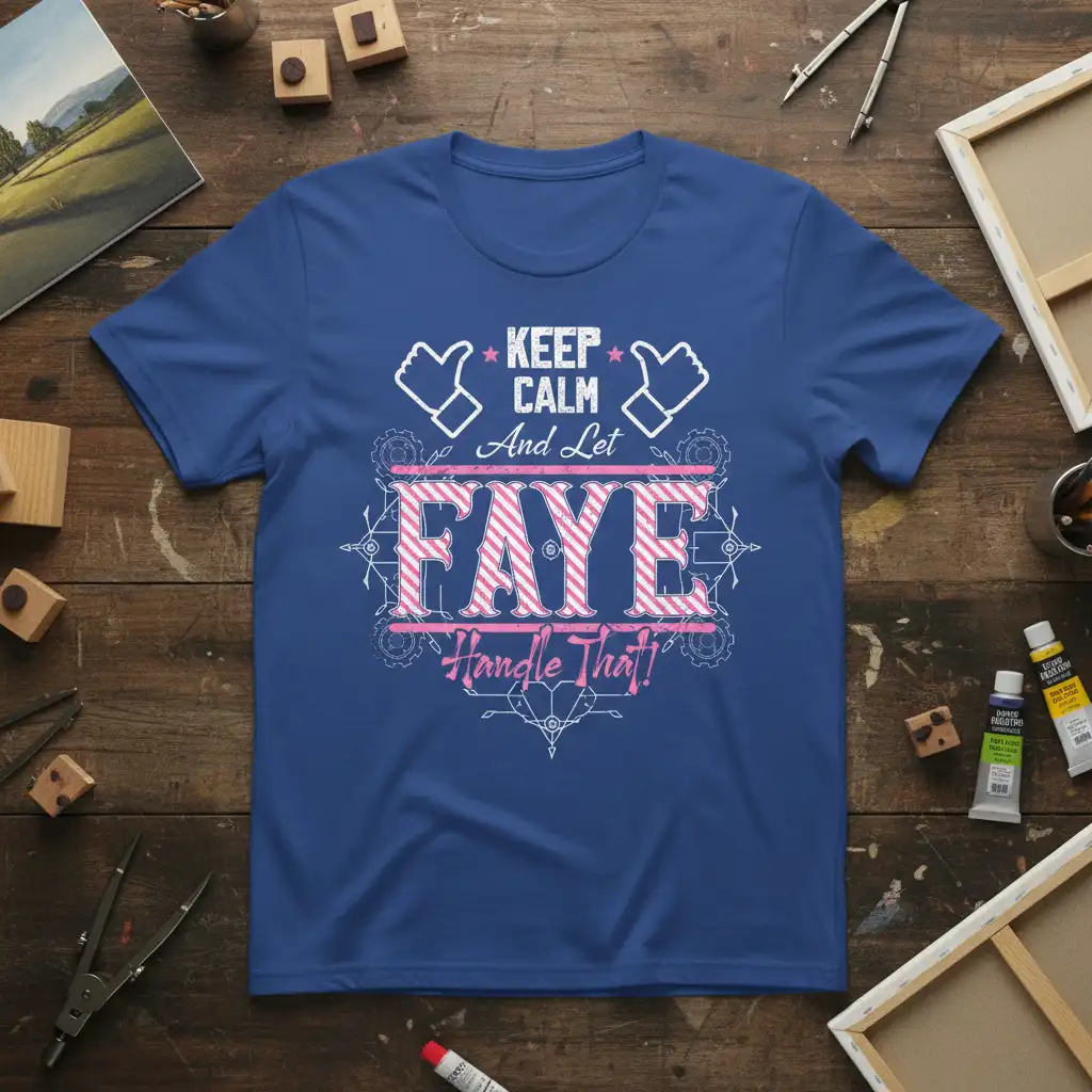 KEEP CALM And Let FAYE Handle That! quote t-shirt with stylized typography and decorative elements
