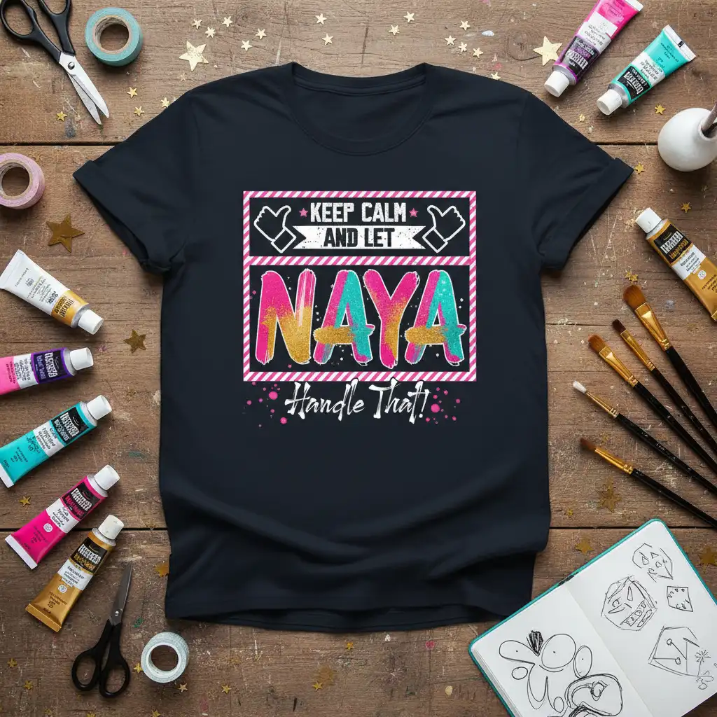 KEEP CALM AND LET NAYA Handle That! phrase on a black t-shirt with colorful text and playful graphics