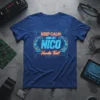 Keep Calm And Let Nico Handle That t-shirt with neon robotic arms and circuit board design