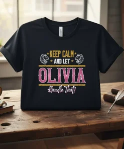 Black t-shirt with "KEEP CALM AND LET OLIVIA Handle That!" text and lion graphics, featuring pink glittery "OLIVIA"