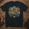 Keep Calm and Let Princeton Handle That! text design on a black t-shirt, featuring vintage-style typography and geometric accents