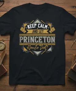 Keep Calm and Let Princeton Handle That! text design on a black t-shirt, featuring vintage-style typography and geometric accents