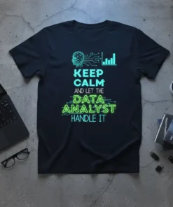 Keep Calm and Let the Data Analyst Handle It quote on a dark t-shirt with neon green and blue circuit