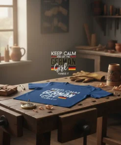 Keep Calm And Let The German Girl Handle It quote on a navy blue t-shirt with German flag accents