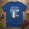 Keep Calm and Let the Italian Girl Handle text with Italy map graphic and Italian flag colors on a blue