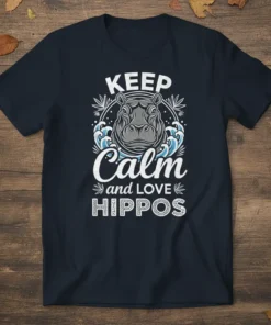 Keep Calm and Love Hippos text with a stylized hippo face and wave graphics on a navy blue t-shirt