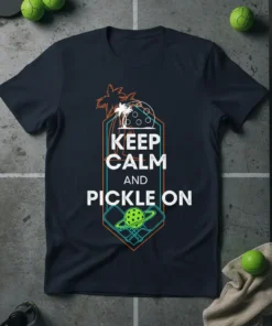 Keep Calm and Pickle On text design with pickleball graphics and palm trees on a navy t-shirt