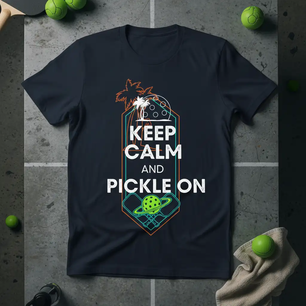 Keep Calm and Pickle On pickleball player graphic t-shirt design with tropical elements