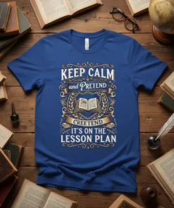 Keep Calm and Pretend Creetend It's On The Lesson Plan quote on a royal blue t-shirt with ornate design and