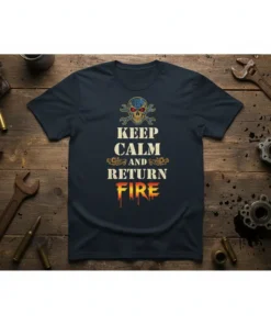 Keep Calm And Return Fire quote with skull graphic on a dark navy t-shirt, designed for mechanics